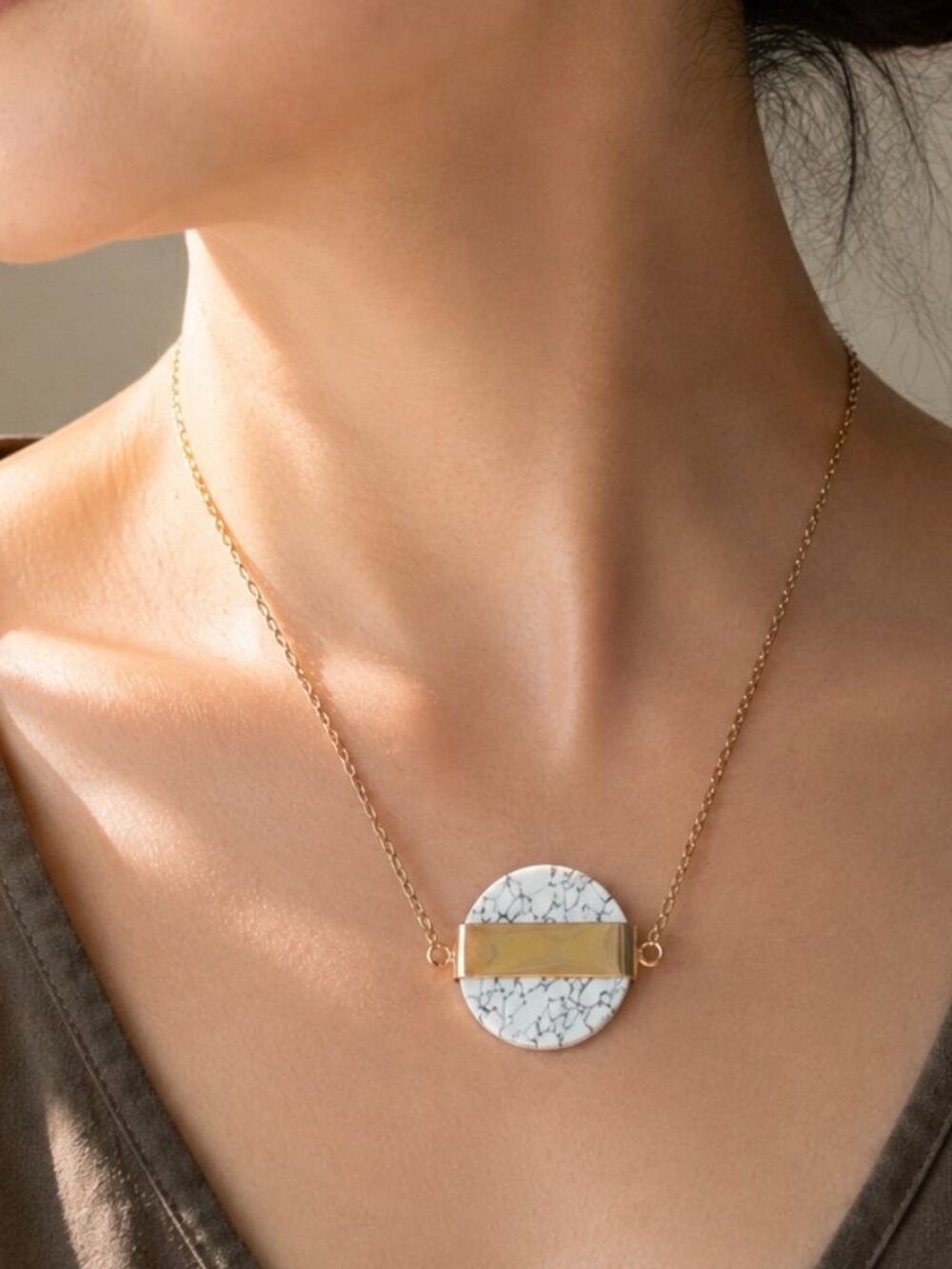 Modern White Marbled Gold Bar Necklace